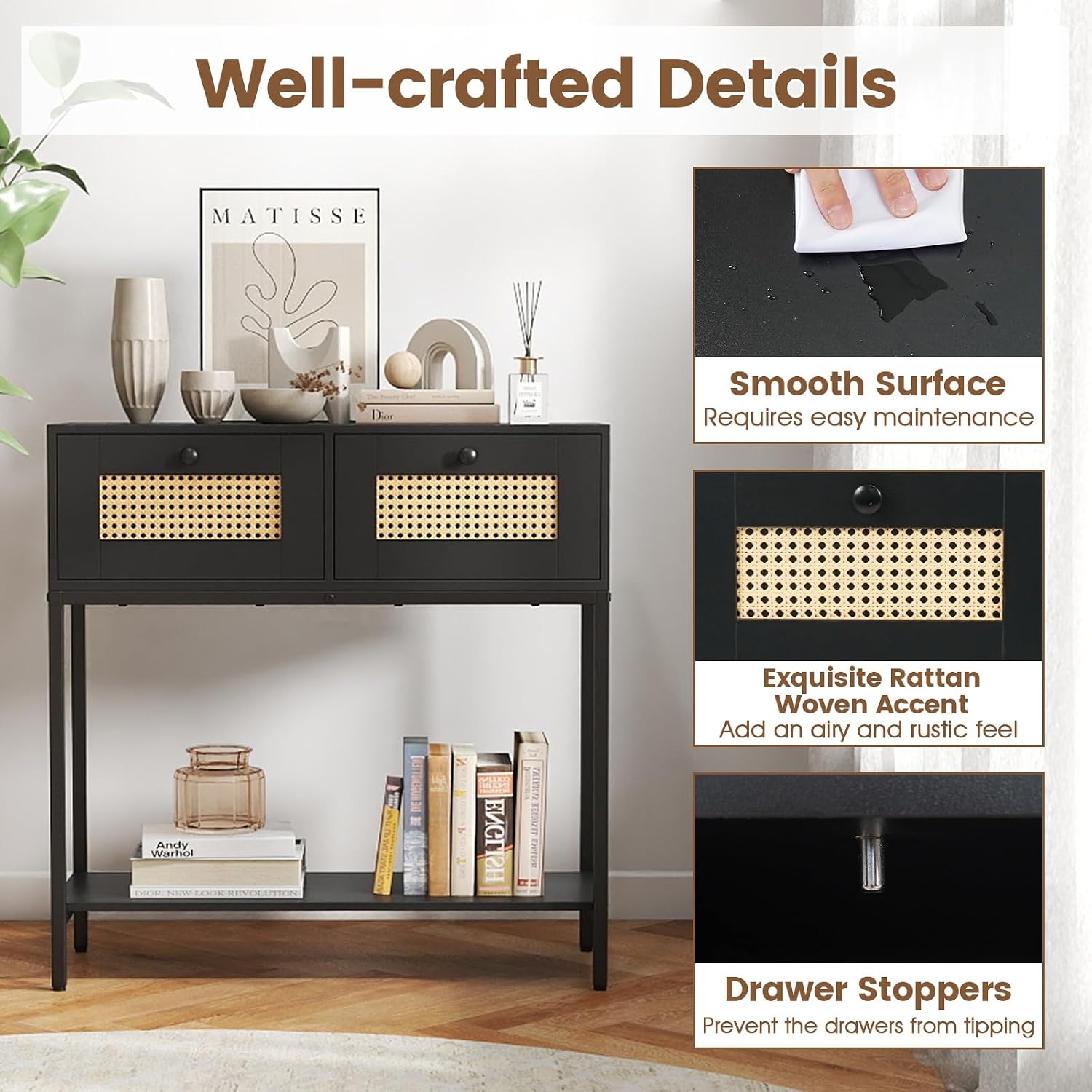 GOFLAME Rattan Console Table, Boho Entryway Table with 2 Drawers & Open Storage Shelf, Narrow Long Sofa Table with Metal Legs, Foyer Table Behind Couch Table for Living Room, Hallway, Black