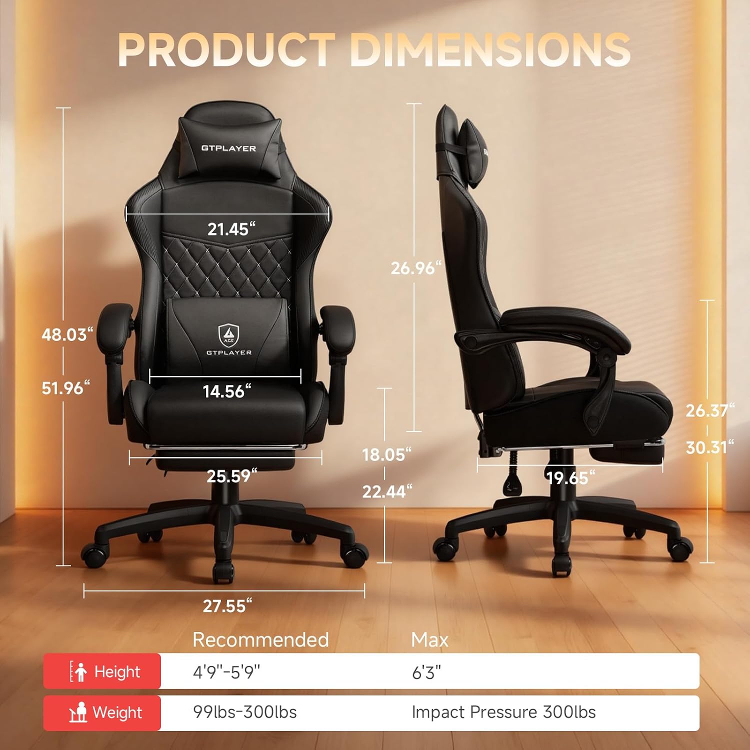 GTPLAYER Gaming Chair, High Back Leather Computer Gaming Chair with Footrest, Ergonomic Height Adjustable Office Chair with Removable Cover and Lumbar Support for Gaming & Work,Black