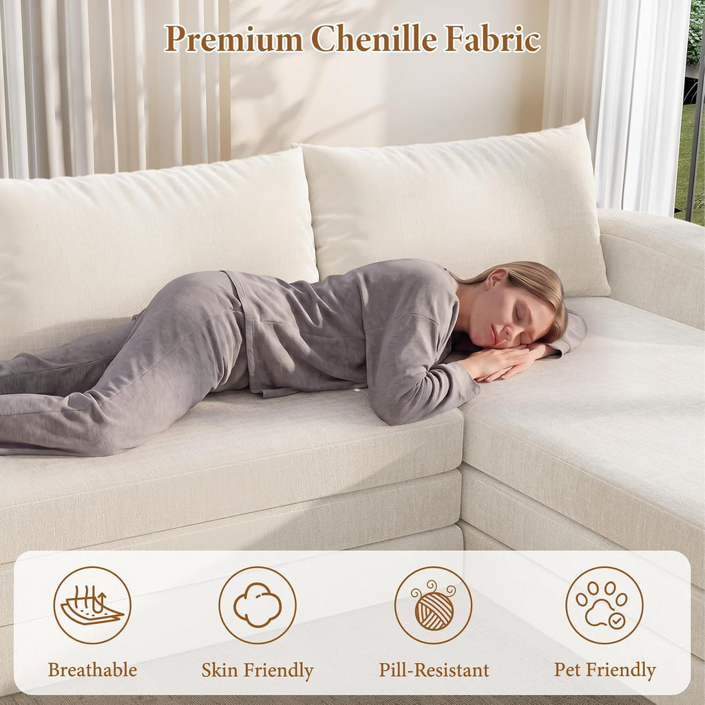 Vesgantti 6 in 1 Convertible Folding Sleeper Sofa Bed, No Assembly, Beige | 110.2" L Shaped Modular Sectional Sofa, Curved Armrest, Deep Seat Couches for Living Room, Chenille, Right Facing