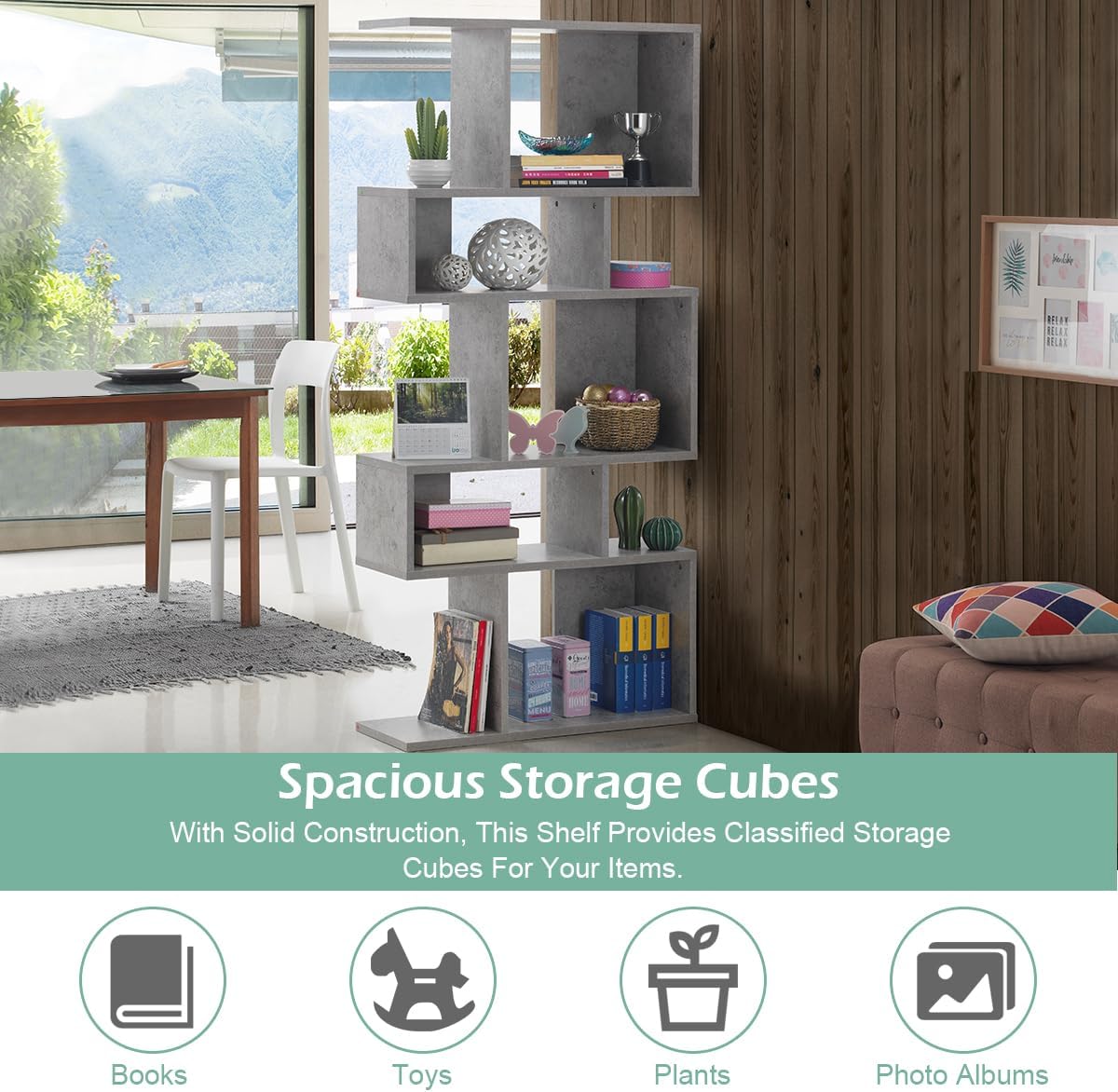 GIANTEX 5-Tier Geometric Bookshelf Set of 2, 70'' Tall Wood Freestanding Decorative Display Open Shelves with Anti-Tipping Device, Each Shelf Holds up to 44 lbs, Wooden S Shaped Bookcase, Gray