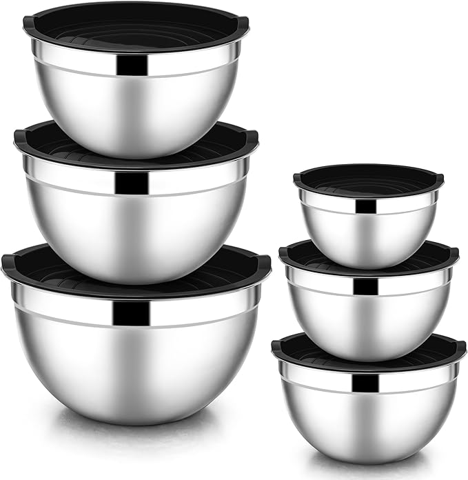 E-far Mixing Bowls with Lids, 12-Piece Stainless Steel Salad Bowls Metal Nesting Bowls for Baking Cooking and Prepping, Airtight Lids & Stackable Design, Size 7, 4.5, 3, 1.5, 1.2, 0.7 QT (Black)