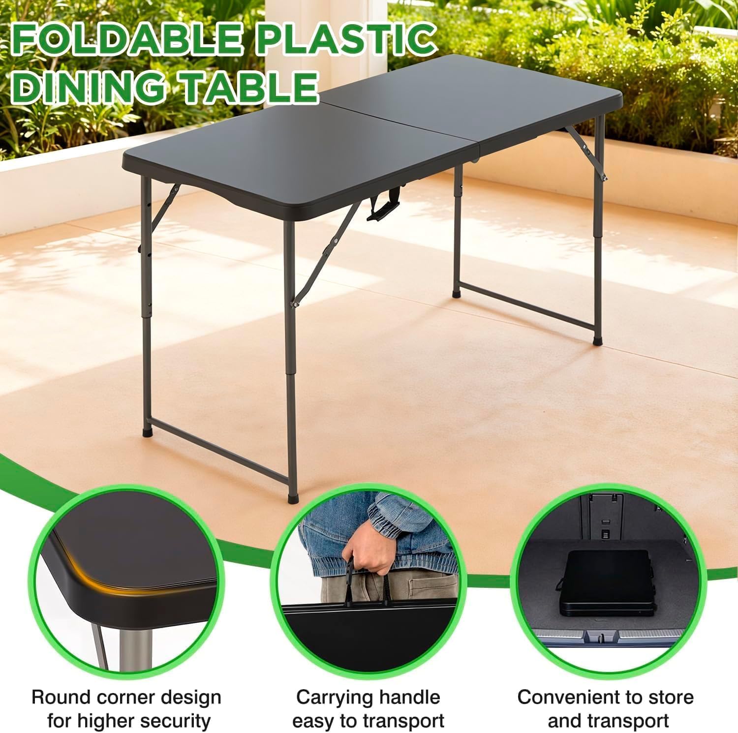 HKLGorg Folding Table, Heavy Duty Plastic Folding Utility Table Indoor Outdoor, Party Dining Tables Easy to Assemble with Lock Function (Black, 4 FT)