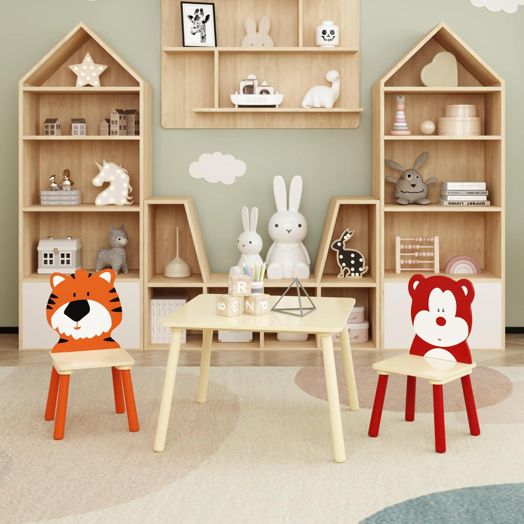 3 Pieces Table and Chair Set, Tiger & Bear Pattern Activity Play Set with Solid Wood Legs, Wooden Furniture for Playroom, Daycare & Kindergarten