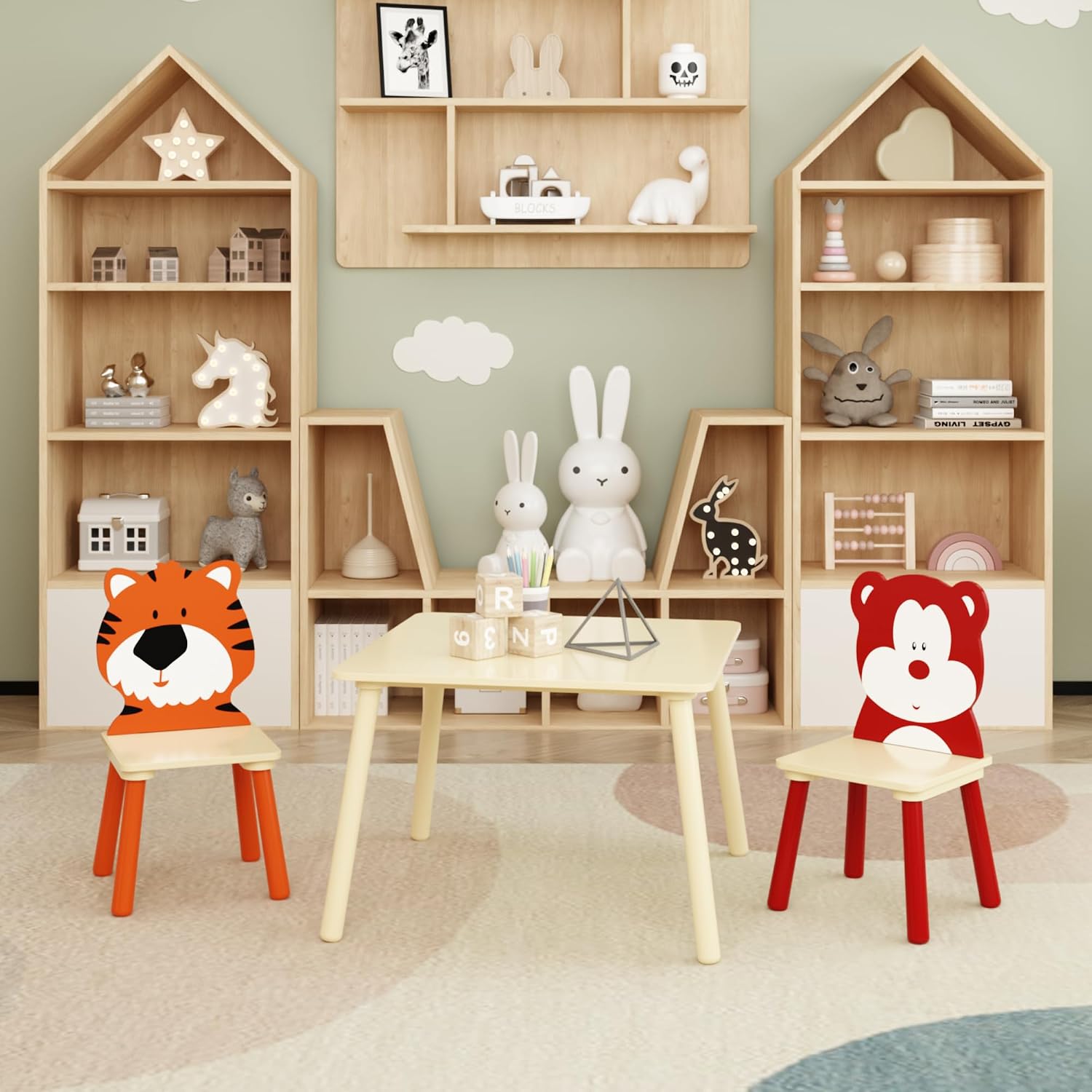3 Pieces Table and Chair Set, Tiger & Bear Pattern Activity Play Set with Solid Wood Legs, Wooden Furniture for Playroom, Daycare & Kindergarten