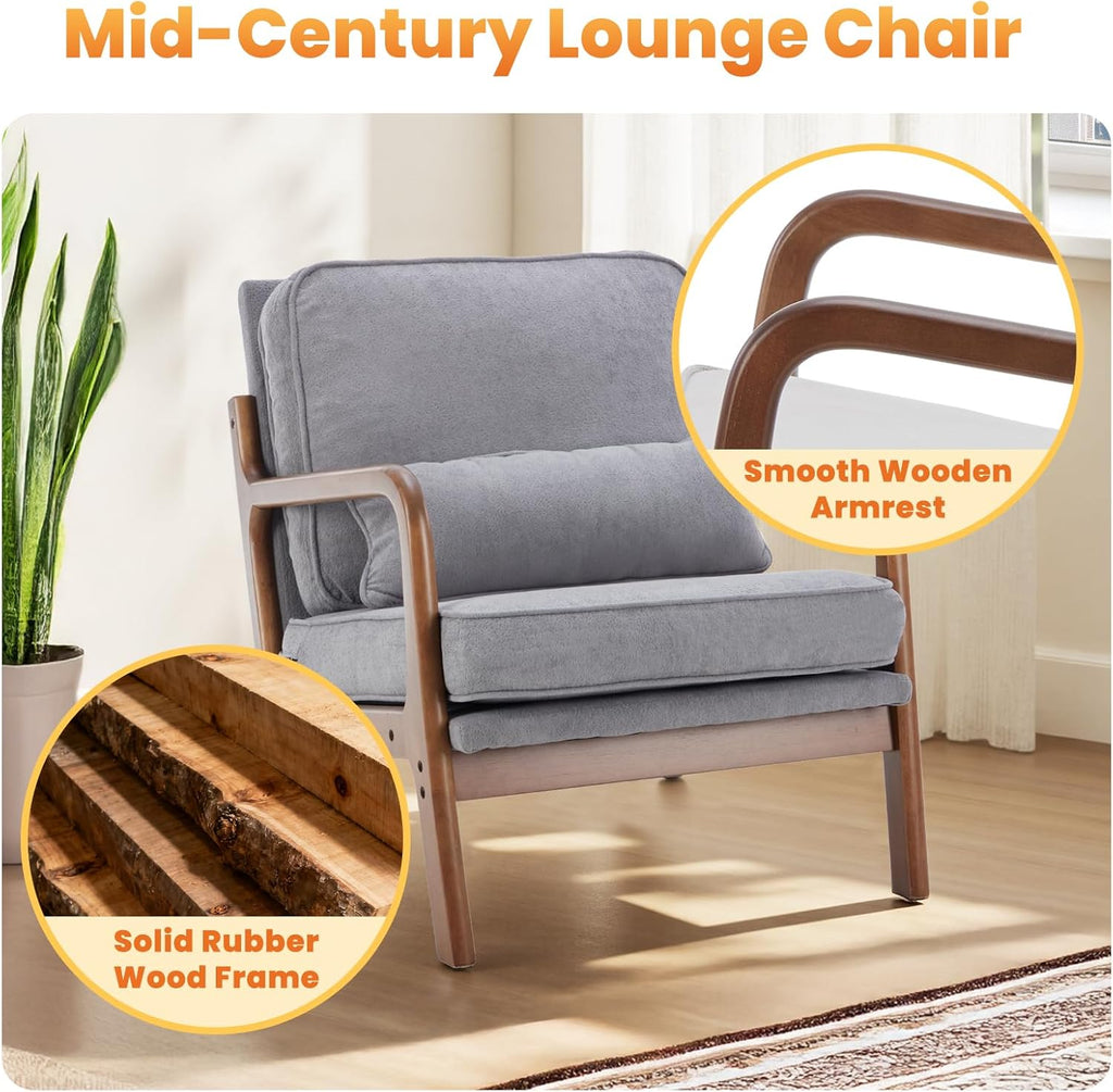 DUMOS Mid Century Modern Chairs Set of 2, Accent Chair with Arms and Waist Cushion, Reading Chairs for Adults, Lounge Chair for Living Room and Bedroom, Solid Wooden Frame, Light Grey
