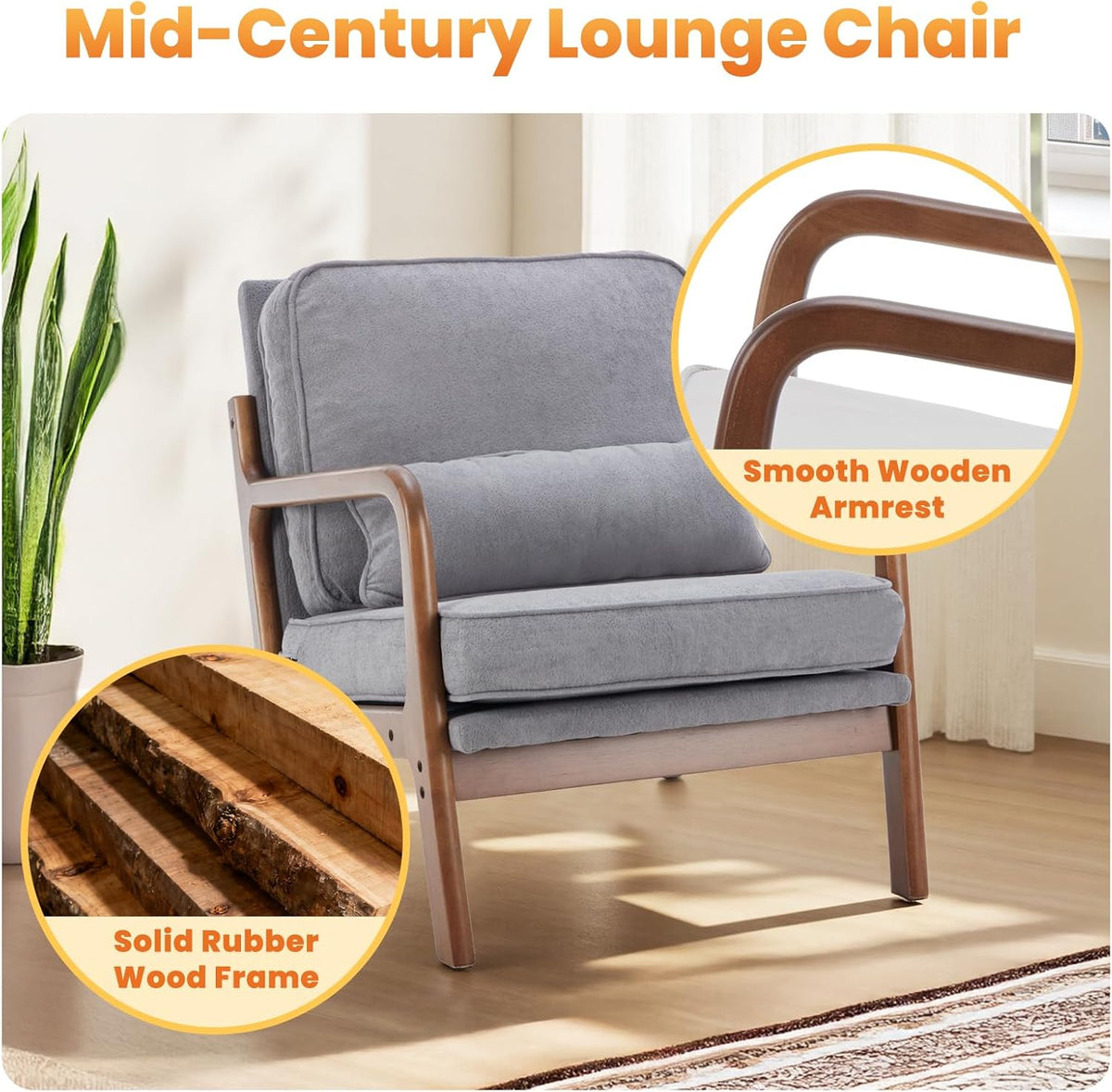 DUMOS Mid Century Modern Chairs Set of 2, Accent Chair with Arms and Waist Cushion, Reading Chairs for Adults, Lounge Chair for Living Room and Bedroom, Solid Wooden Frame, Light Grey