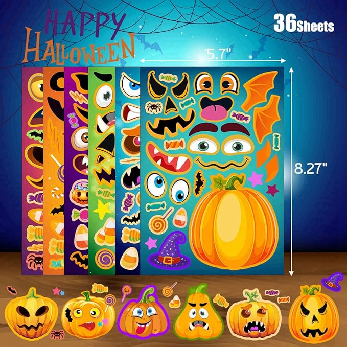 36 Sheets Halloween Stickers for Kids, Make A Pumpkin Face Stickers, Halloween Pumpkin Decorating for Kids Toddlers Party Favors Treats Party Games Goody Bag Filler