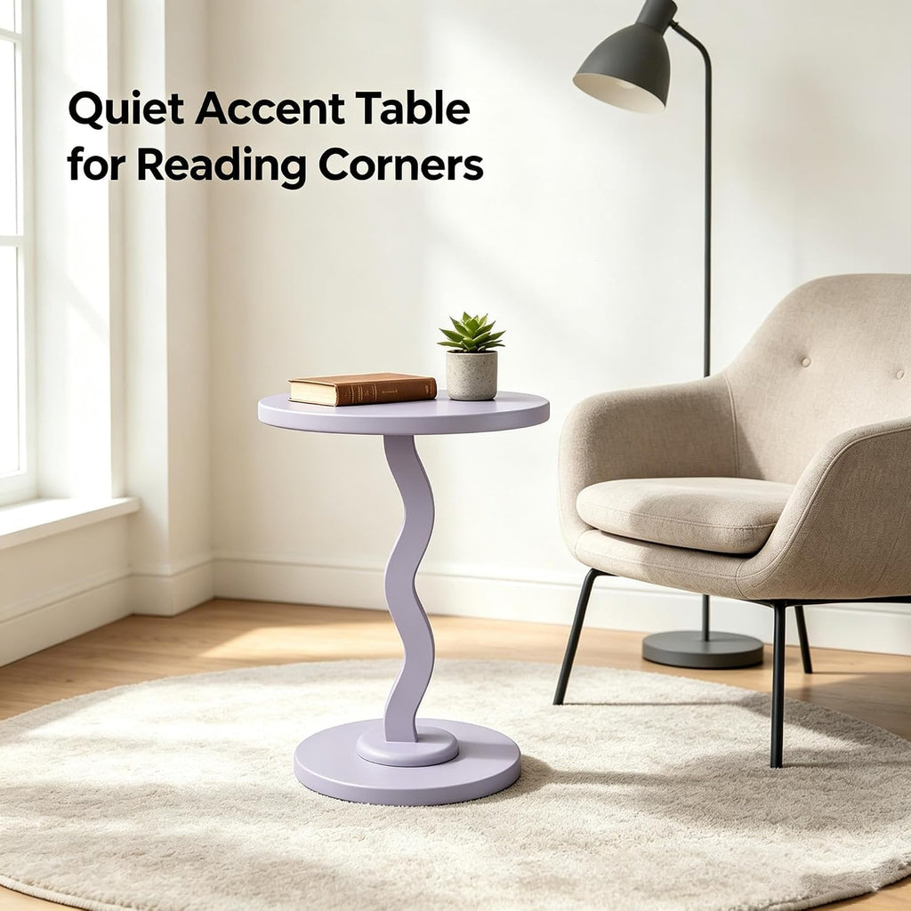 Rubberwood Side Table with Satin Finish, Unique Wavy Silhouette, Sturdy Load-Bearing Tabletop and Smooth Polished Edges, Requires Simple Assembly(Lightpurple)