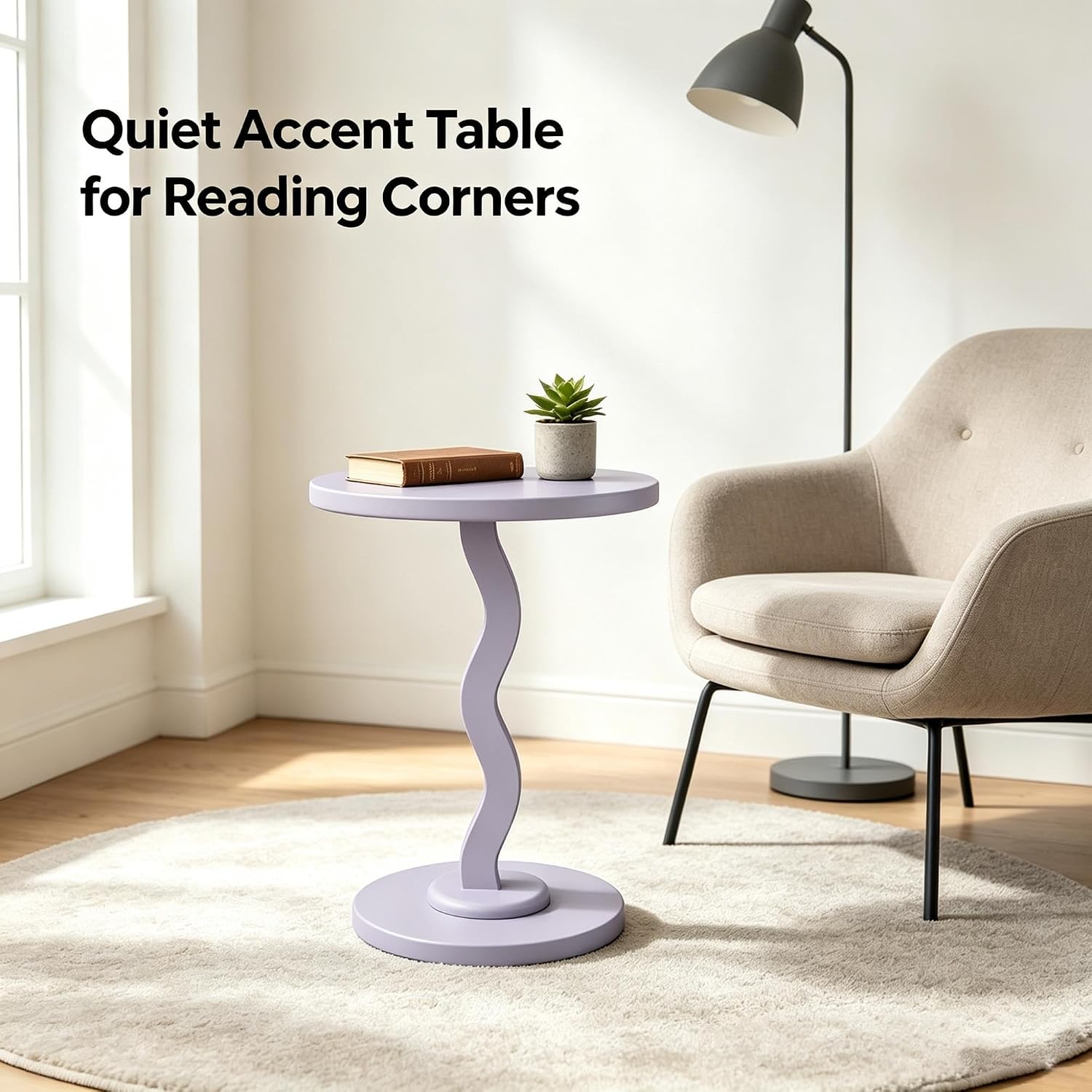 Rubberwood Side Table with Satin Finish, Unique Wavy Silhouette, Sturdy Load-Bearing Tabletop and Smooth Polished Edges, Requires Simple Assembly(Lightpurple)
