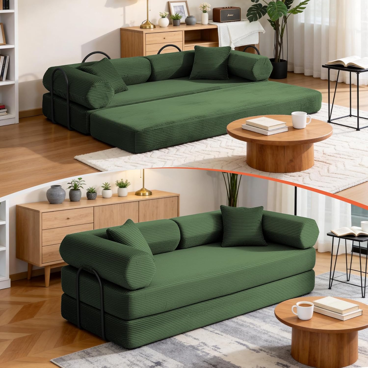 79" Corduroy Sofa Bed, Couch in a Box with 2 Pillows, High-Density Foam 4-in-1 Foldable Sleeper Futon Loveseat for Small Spaces, No Assembly, Side Pockets, Hex Arm Hunter Green