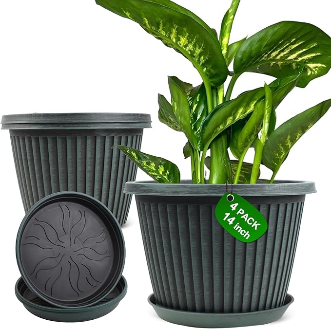 Large-Planter-Indoor-Outdoor Plant Pots, 14 inch 4 Pack Plastic Flower Pots with Saucer And Drainage Holes, Modern Garden Planters For Planting Medium Large Plants， Decorative Resin Garden Pots