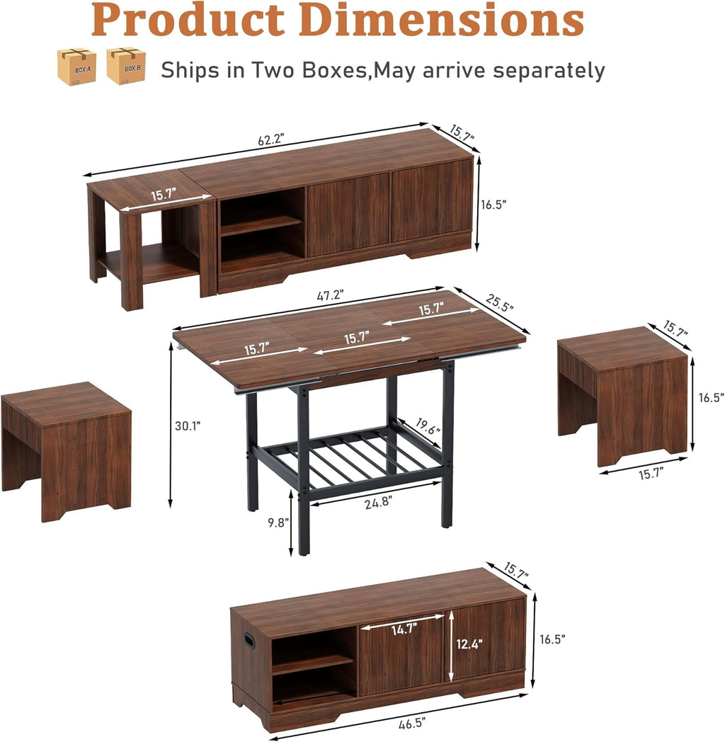 Extendable Breakfast Nook Table Set with Storage Benches & Stools, 6-Piece Corner Dining Table Set, Kitchen Nook Table Set with Glass Holder for Small Space, Indoor/Outdoor Use (Walnut(No Cushion))