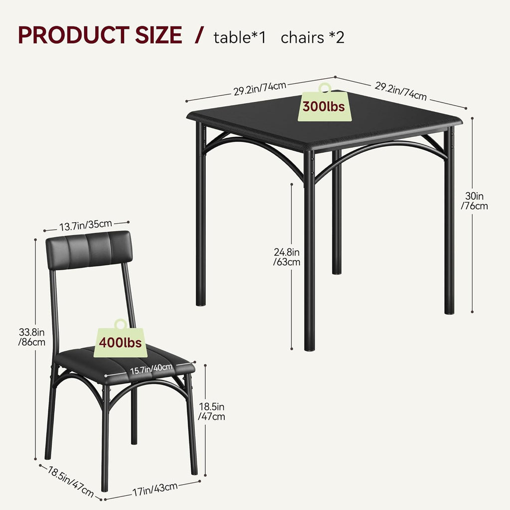 3-Piece Dining Table Set for 2, Kitchen Table Set with 2 Upholstered Chairs, Square Dining Table Set for Apartment, Studio, Small Space, Black