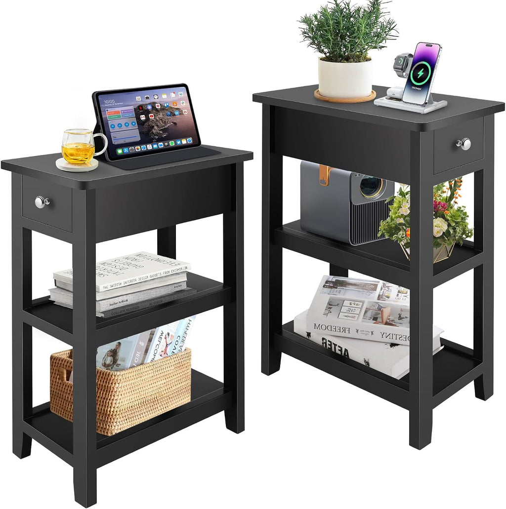 End Tables Living Room Set of 2, 3-Tier Narrow Sofa Side Table with Drawer and 2 Shelf, Small Nightstand for Bedroom, Living Room, Black