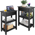 End Tables Living Room Set of 2, 3-Tier Narrow Sofa Side Table with Drawer and 2 Shelf, Small Nightstand for Bedroom, Living Room, Black
