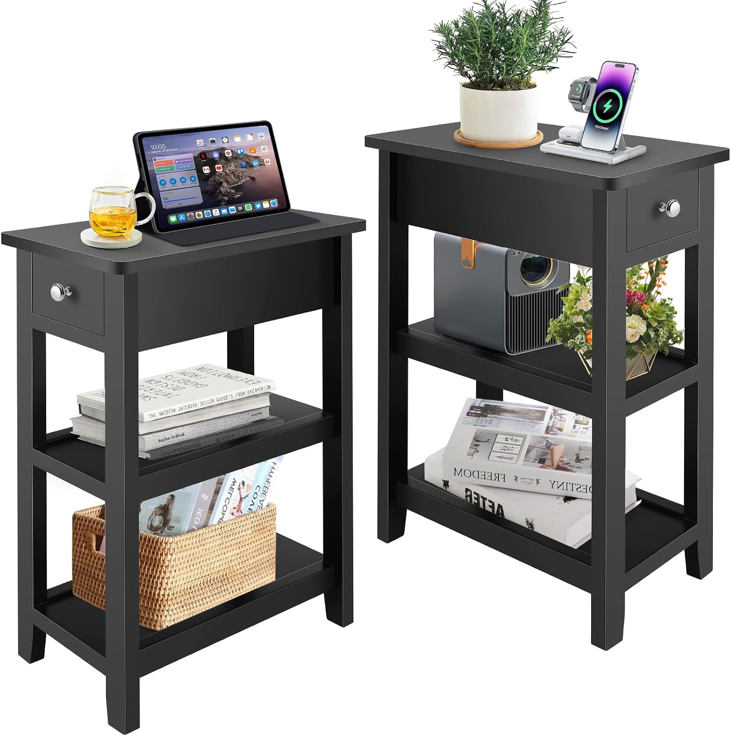 End Tables Living Room Set of 2, 3-Tier Narrow Sofa Side Table with Drawer and 2 Shelf, Small Nightstand for Bedroom, Living Room, Black