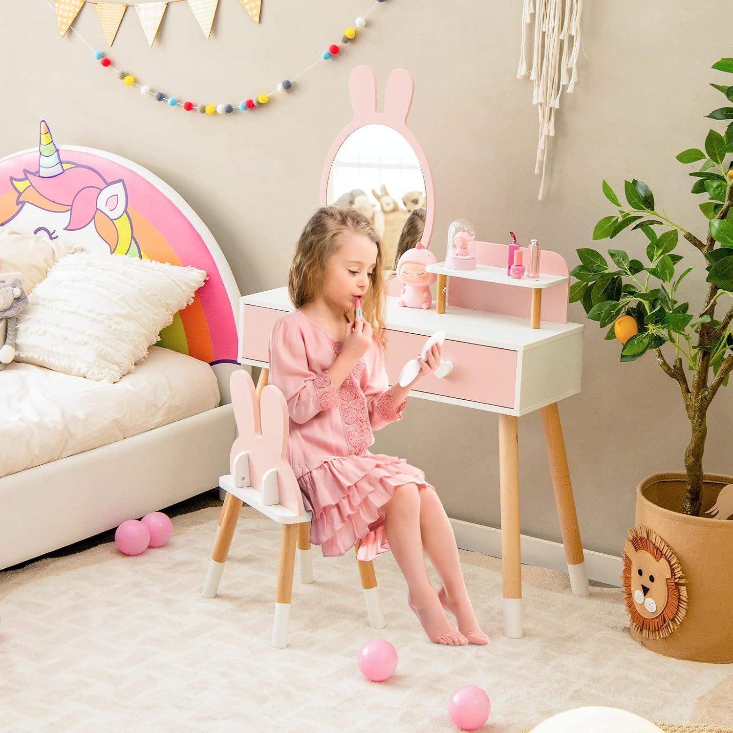 INFANS Kids Vanity Set, 2 in 1 Wooden Princess Makeup Table and Chair with Mirror Storage Drawers Shelf, for Little Girls, Rabbit Themed Toddler Dressing Desk Beauty Play Set Gift