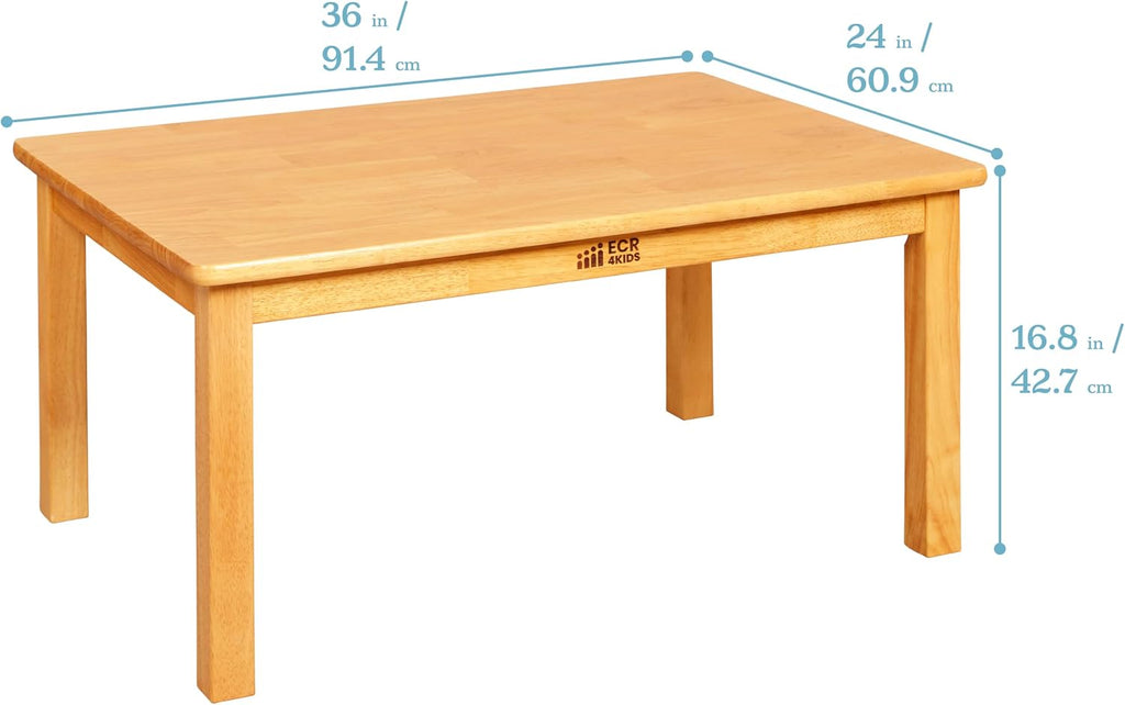 ECR4Kids 24in x 36in Rectangular Hardwood Table with 16in Legs and Two 8in Chairs, Kids Furniture, Honey, 3-Piece | Durable rubberwood, GREENGUARD Gold Certified, ANSI/BIFMA Compliant, 2-3 years, 74 lb seat capacity, classroom & home use