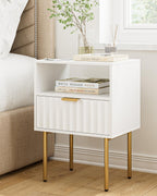 Night Stand,Modern Bedside Table with Drawer and Shelf,White Night Stand with Gold Frame,Small Side Table for Bedroom,Living Room