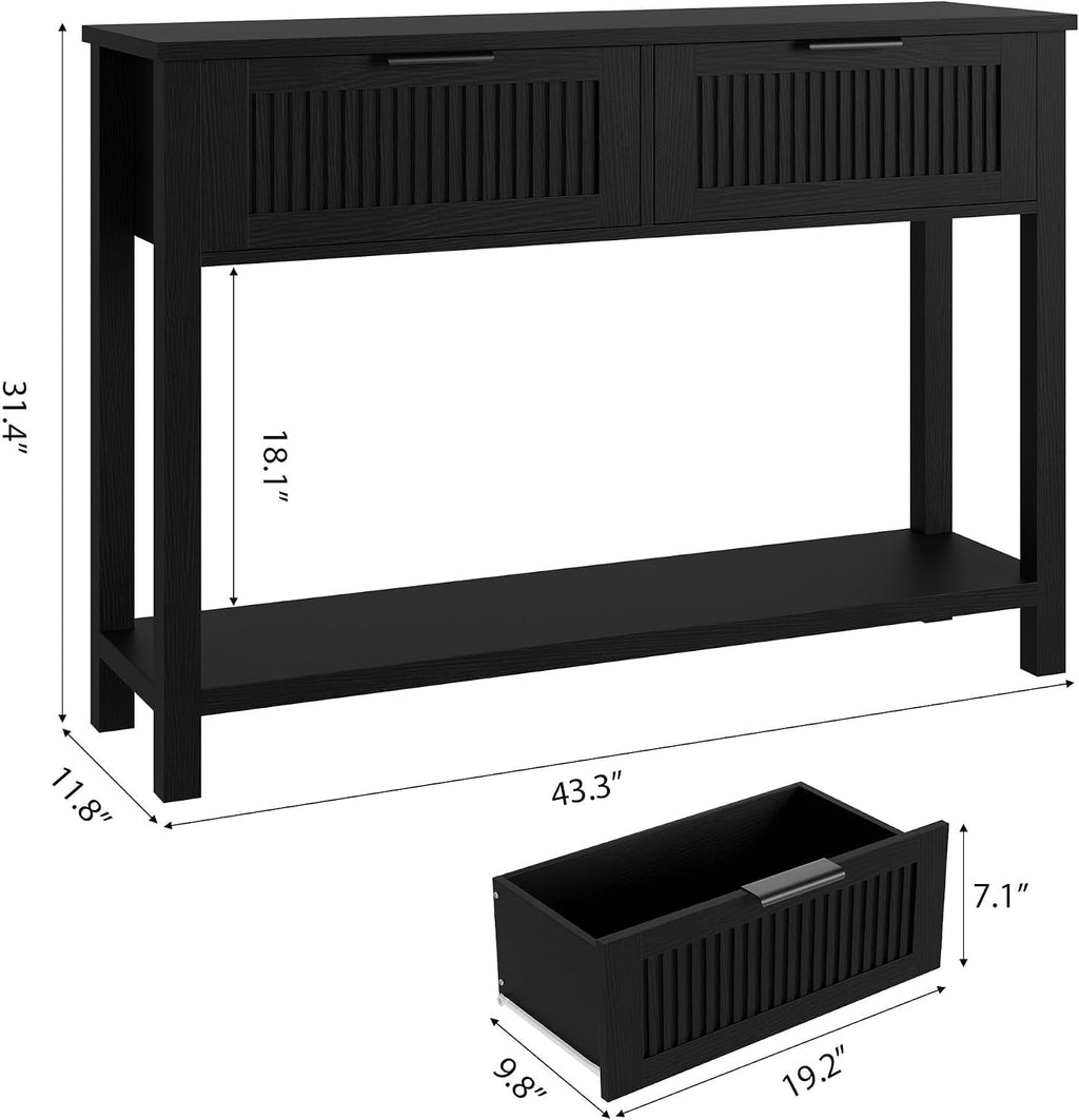 GAOMON Farmhouse Entryway Table with 2 Drawers, 43 Inch Wood Fluted Console Table with Shelf, 2 Tier Sofa Table with Storage for Living Room, Foyer Tables for Entryway-Black