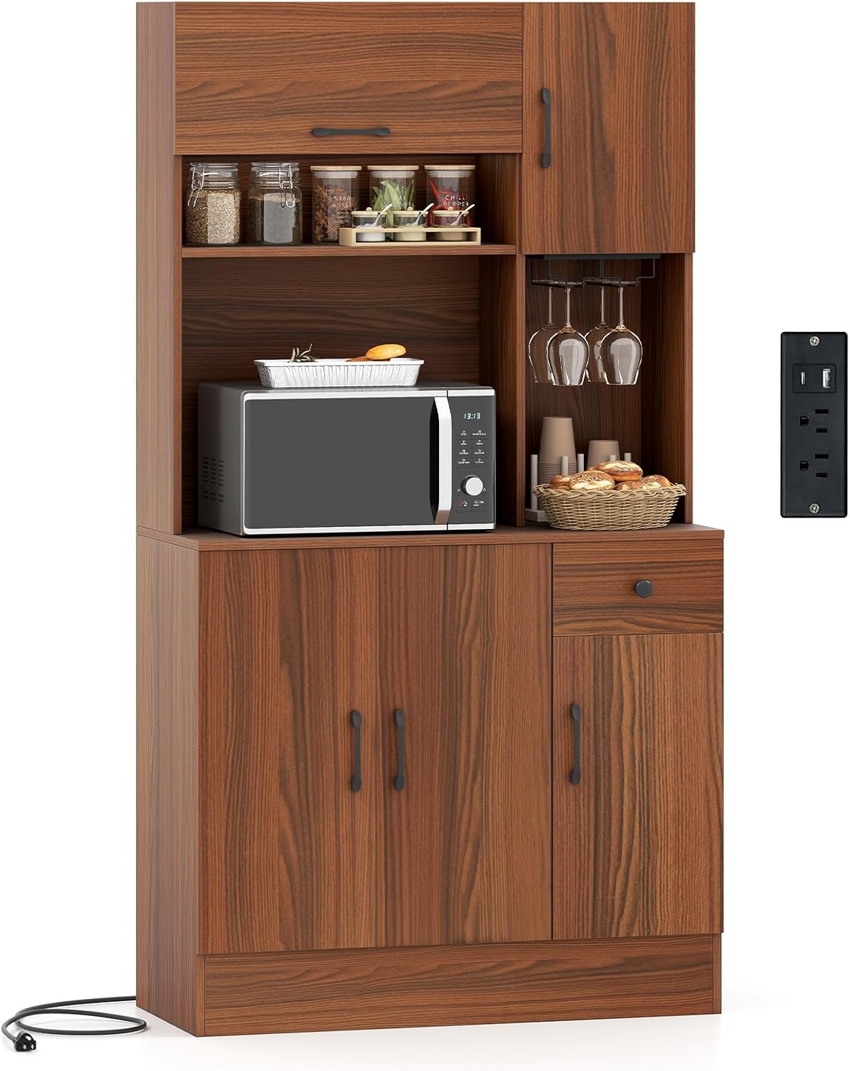 LOKO 66” Tall Pantry with Charging Station, Freestanding Storage Cabinet with Microwave Stand, Wine Glass Holder, Adjustable Shelves, Kitchen Hutch Cabinet for Living Room, Dining Room, Brown