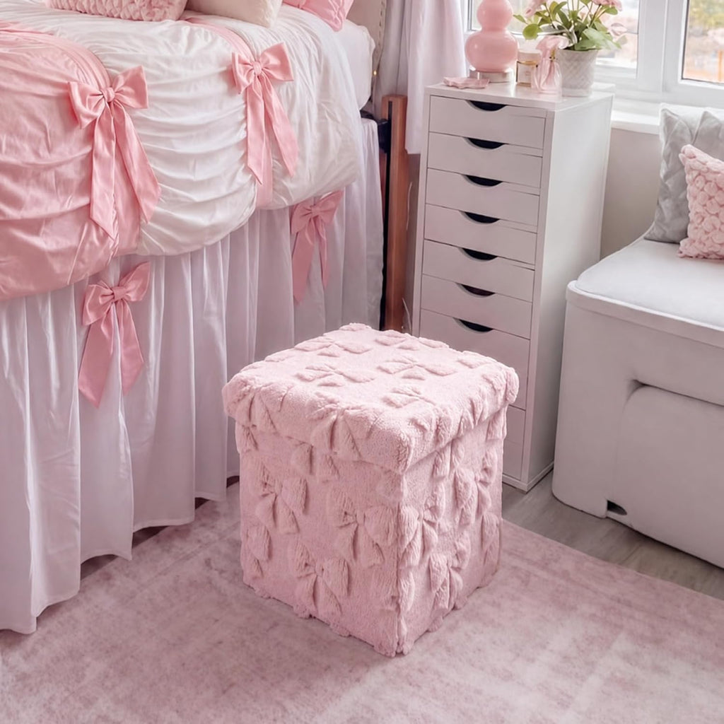 RattanView Storage Ottoman Dorm 12 Inch Pink Bow Cube Ottoman Dorm Back to School Coquette Foldable Foot Rest Stool with Lid for College Dormitory Bedroom Office