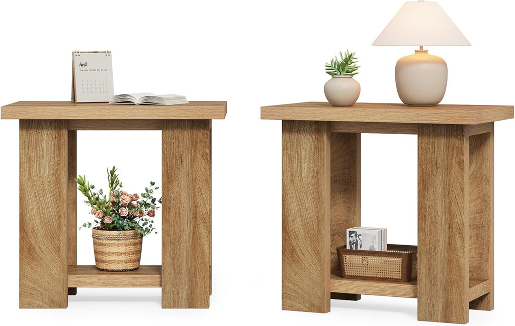 LITTLE TREE 2-Tier Side Table, Farmhouse End Table with Storage Shelves, Small Nightstand Wooden Beside Table Bed Side Table for Small Spaces, Living Room, Bedroom, Light Brown