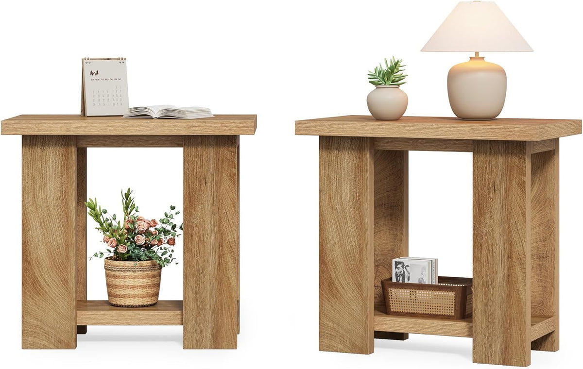 LITTLE TREE 2-Tier Side Table, Farmhouse End Table with Storage Shelves, Small Nightstand Wooden Beside Table Bed Side Table for Small Spaces, Living Room, Bedroom, Light Brown