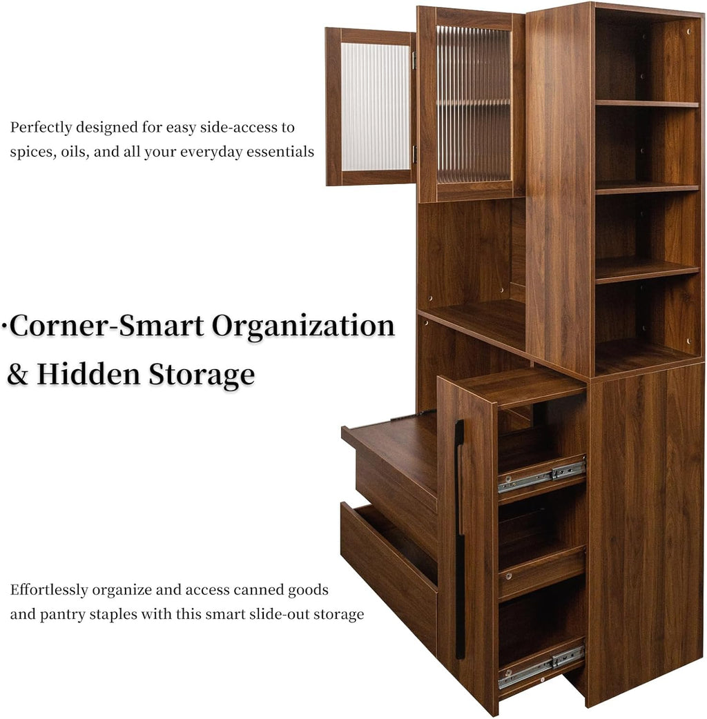 Tall Kitchen Hutch Cabinet with Pull-out Shelves, Storage Drawers, Glass Doors Freestanding Cable Management Pantry Large Kitchen Cupboard for Dining Room with Microwave Countertop Walnut Finish