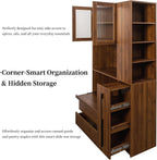 Tall Kitchen Hutch Cabinet with Pull-out Shelves, Storage Drawers, Glass Doors Freestanding Cable Management Pantry Large Kitchen Cupboard for Dining Room with Microwave Countertop Walnut Finish