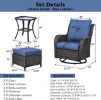 Belord 5 Piece Wicker Patio Furniture Set, Outdoor Swivel Rocker Chairs Set of 2 with Ottomans and Side Table, All Weather Patio Conversation Furniture Set, for Porch Pool, Brown Wicker/Blue
