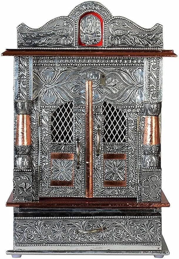 Oxidized Metal Pooja Mandir with Doors and Drawer, Silver, Ganesha Embossed, Traditional Hindu Temple