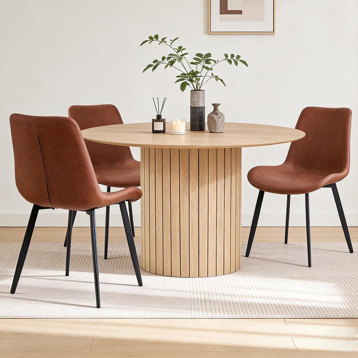 47" Modern Round Dining Table for 4 with Heavy Base, Natural | Farmhouse Kitchen Table Chamfered Edge Tabletop Circle Pedestal Dinner Table for Apartment Dining Living Room, Metal Frame
