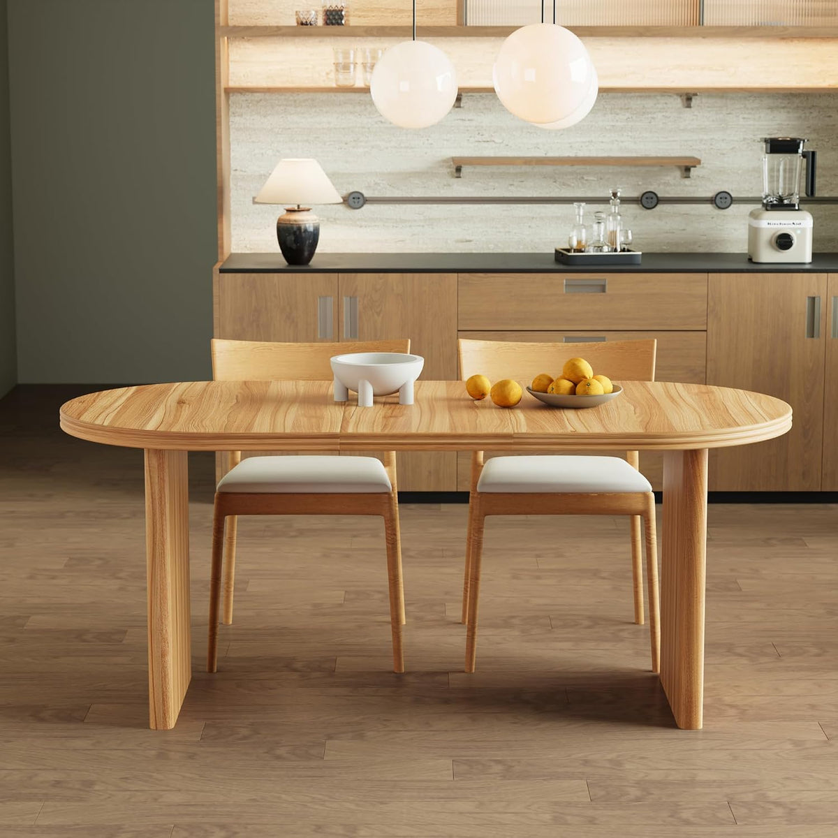 GDFStudio 55.12"-70.87" Farmhouse Extendable Oval Dining Table for 4-6, Modern Solid Wood Kitchen & Dining Table with Removable Leaf Mid-Century Modern Round Dining Tables Space Saving, Natural Walnut