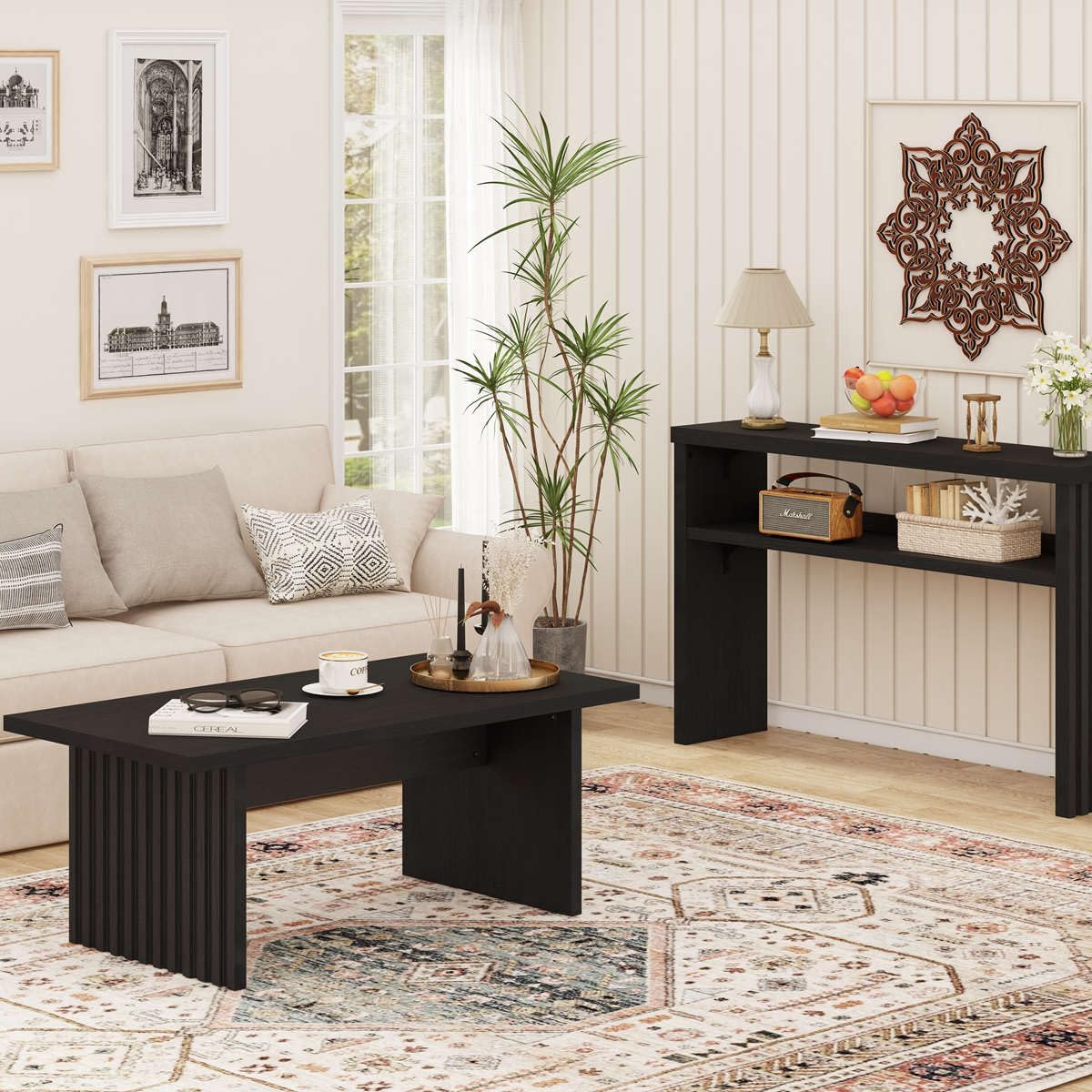 BON AUGURE Black Coffee Table, 43 Inch Modern Coffee Tables for Living Room, Wooden Center Table, Living Room Tables for Home, Office (Black Oak)