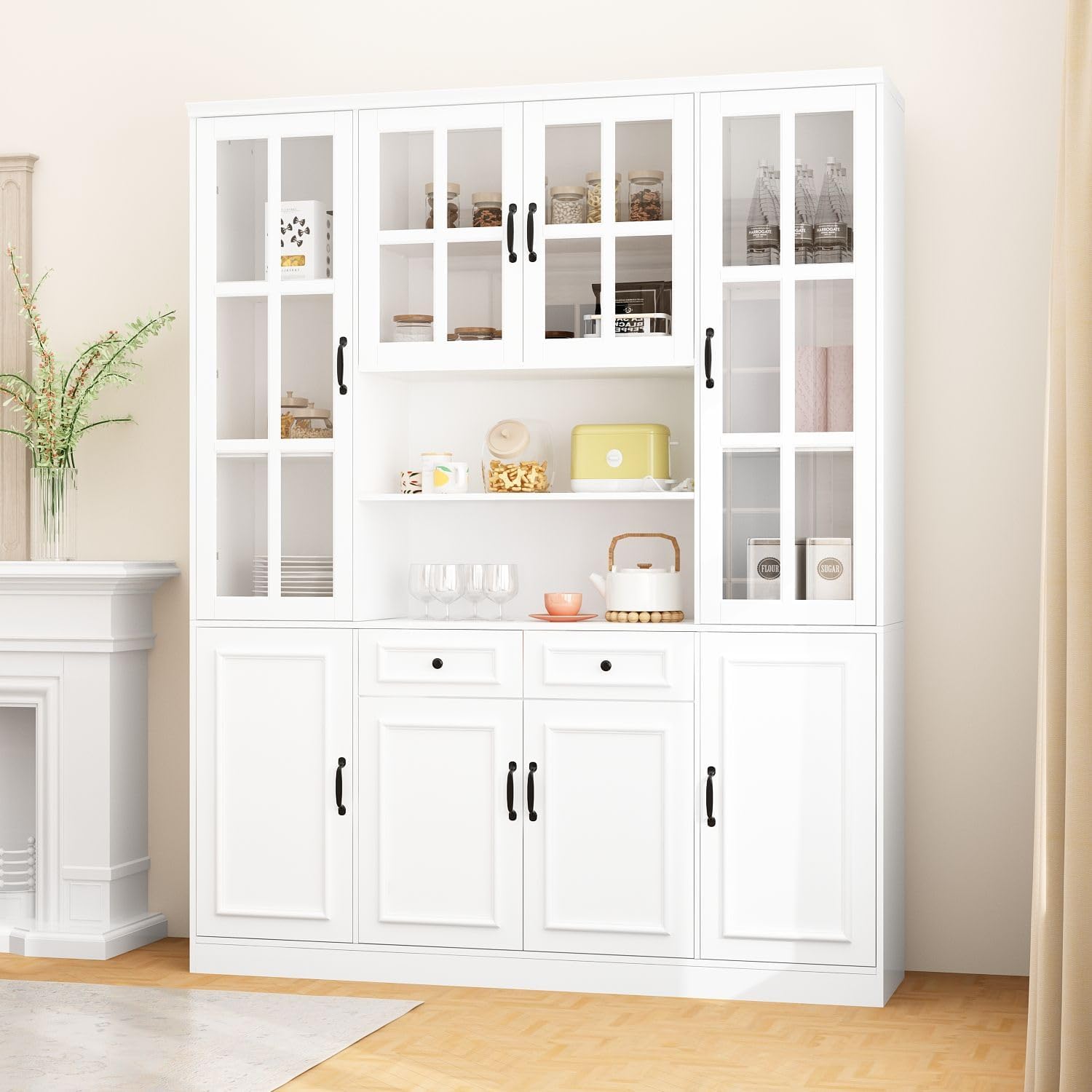 MOUMON Large Kitchen Hutch Storage Cabinet with Adjustable Shelves & Glass Doors, Pantry Organization and Kitchen Storage with Drawers, White (63”W x 15.7”D x 78.7”H)