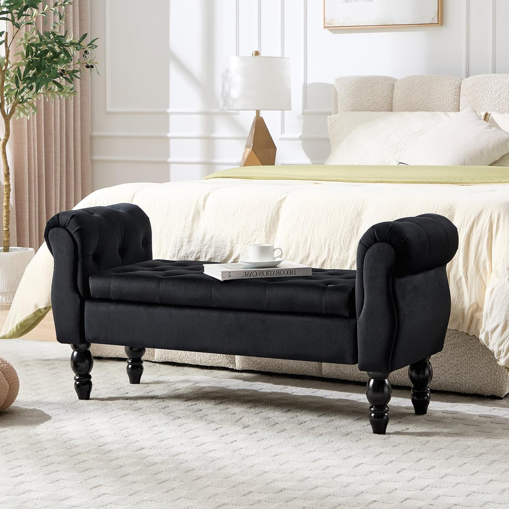Velvet Upholstered Storage Bench with Arms and Wooden Legs, 47.6" Modern Button Tufted Bench for Bedroom End of Bed, Upholstered Living Room Entryway Sitting Window Benches for Hallway, Black