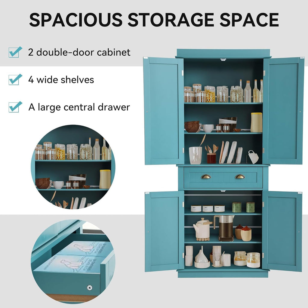 LOUVIXA 72" Kitchen Pantry Storage Cabinet, Freestanding Cupboard with 2 Cabinets, Drawer and Adjustable Shelves, Tall Storage Cabinet for Kitchen, Dinning Room, Living Room (Lake Blue)