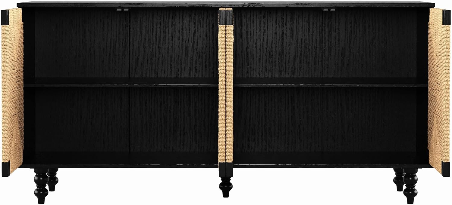 Handwoven Seagrass Doors Sideboard, 59 Inch Boho TV Stand Media Console Buffet Cabinet with Solid Wood Legs, Black and Natural Finish for Dining Room, Living Room, Entryway Storage