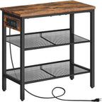 HOOBRO End Table, 3-Tier Narrow Side Table with Charging Station, Nightstand with 2 Flat or Slant Adjustable Shelves for Small Spaces, Living Room, Bedroom, Rustic Brown and Black BF23UBZ01G1