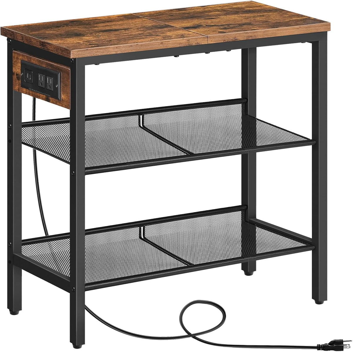 HOOBRO End Table, 3-Tier Narrow Side Table with Charging Station, Nightstand with 2 Flat or Slant Adjustable Shelves for Small Spaces, Living Room, Bedroom, Rustic Brown and Black BF23UBZ01G1