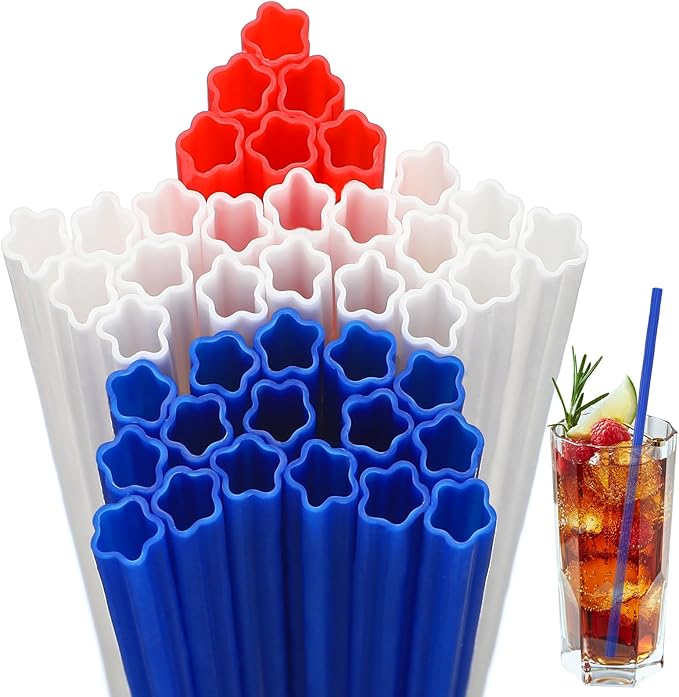 60 Pcs Plastic Straws Red Blue White Star Shaped Straws Patriotic Disposable Drinking Cute Straw for Veterans Day 4th of July Independence Day Party Beverage Cocktail Remembrance Supplies