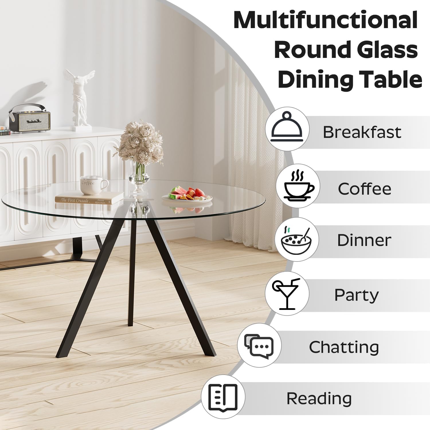 5-Piece 39" Round Glass Dining Table Set with 4 Velvet Upholstered Chairs, Dining Chairs with Solid Wood Legs, Modern Kitchen Table with Triangular Metal Base for Dining Room(Black)