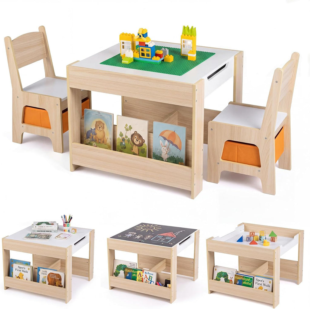 Costzon 4 in 1 Kids Table and Chairs with Building Blocks (Natural) | Wooden Toddler Activity Table Set w/ Detachable Graffiti Tabletop, Blackboard and Storage Drawers for Play, Arts & Crafts