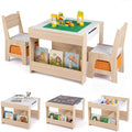 Costzon 4 in 1 Kids Table and Chairs with Building Blocks (Natural) | Wooden Toddler Activity Table Set w/ Detachable Graffiti Tabletop, Blackboard and Storage Drawers for Play, Arts & Crafts