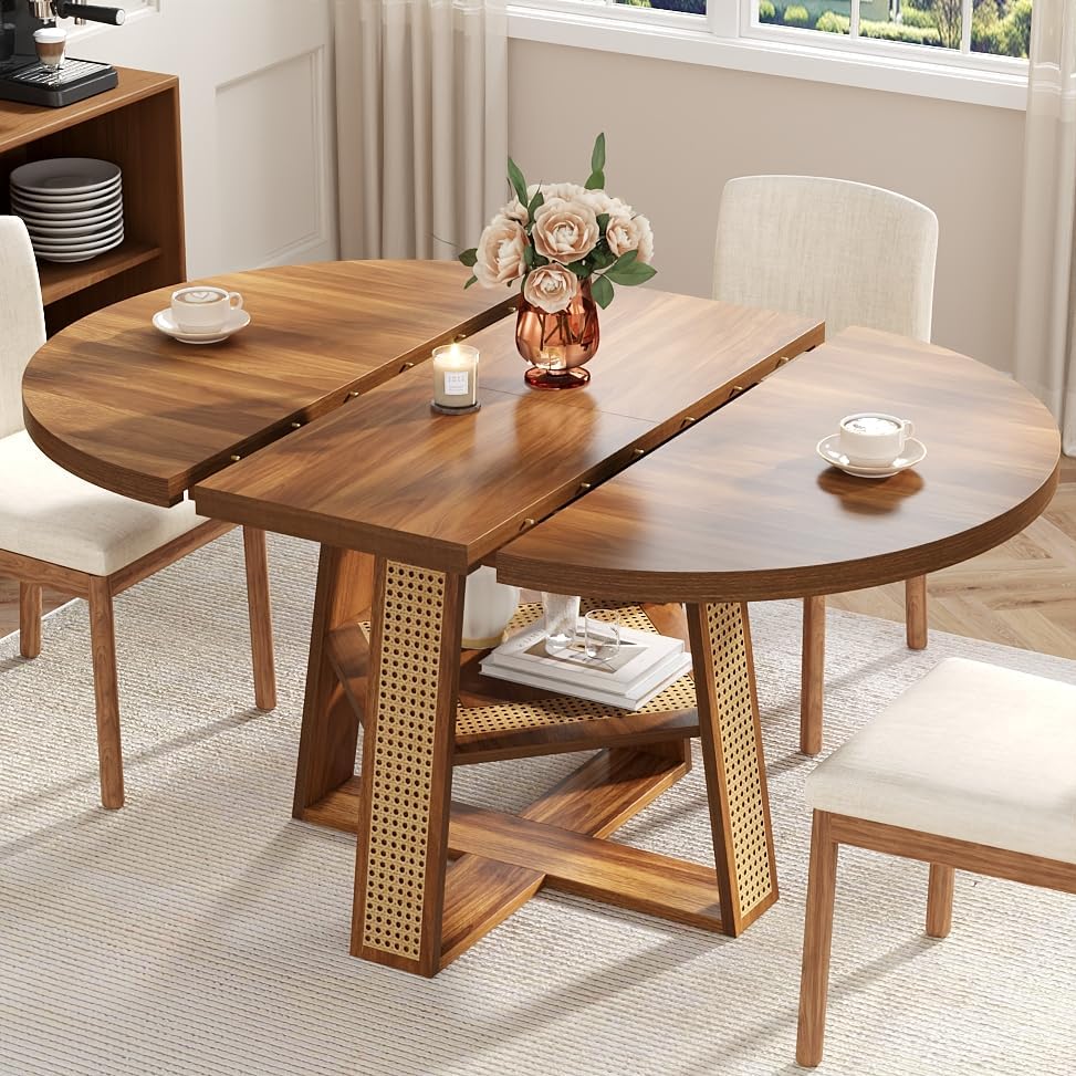 43"-59" Extendable Round Dining Table for 4-8, Transformer Oval Modern Kitchen Table with Removable Leaves Space Saving, Wood Dining Room Table with Storage Shelf for Kitchen, Walnut, Cross Leg