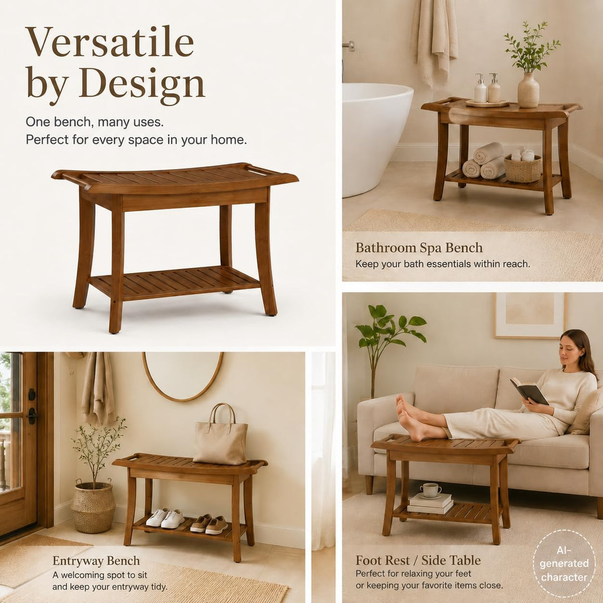 Bamboo Entryway Bench with Storage Shelf, Ergonomic Curved Seat & Side Handles, Walnut Finish Wooden Shoe Bench for Entryway, Bedroom, Bathroom & Living Room, Small Space Seating, Supports 300 LBS