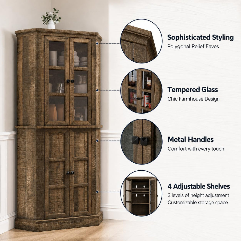 Betterhood Corner Cabinet, 67" Tall Kitchen Pantry Storage Cabinet with Glass Doors and Adjustable Shelves, Freestanding Food Pantry Farmhouse Furniture for Kitchen,Living Room, Rustic Brown