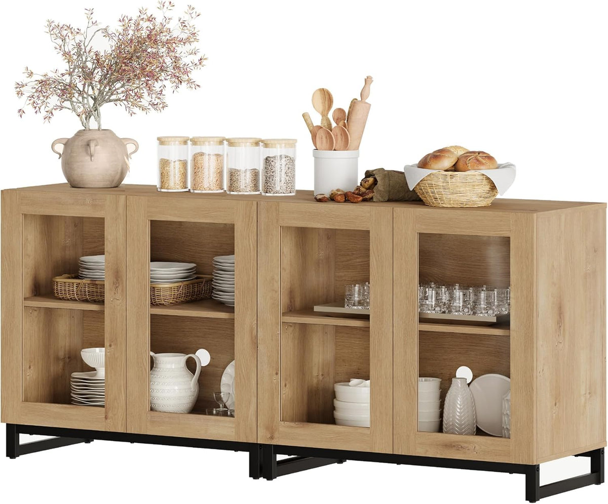 WAMPAT Sideboard Buffet Cabinets, Modern Credenza Sideboard with Adjustable Shelf and Metal Base, Coffee Bar Cabinet Accent Storage Cabinet for Living Room, Kitchen, Oak-A, 2 Pcs