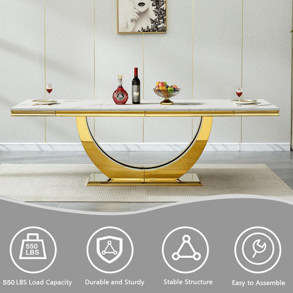 94" White Dining Table for 6-10, Modern Rectangular Kitchen Table with Faux Marble Table Top and Double U-Shaped Gold Stainless Steel Base, Large Long Dinner Table for Kitchen Dining Room